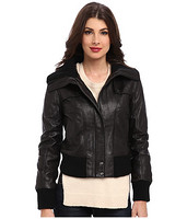 DKNY Leather Bomber Jacket w/ Knit Collar 女士短款真皮夹克