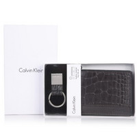 Calvin Klein卡文克莱 男款经典系列  79541 BRN 棕色真皮鳄鱼纹横版两折短款钱包钥匙扣套装 2个