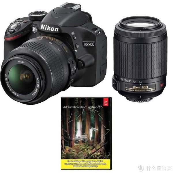 Nikon 尼康 D3200 单反双镜头套机（官翻，含18-55、55-200mm VR镜头）+ Photoshop Lightroom 5（Mac/PC）套装