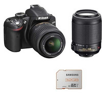 Nikon 尼康 D3200 单反双镜头套机（官翻，含18-55、55-200mm VR镜头、32G橙卡）套装