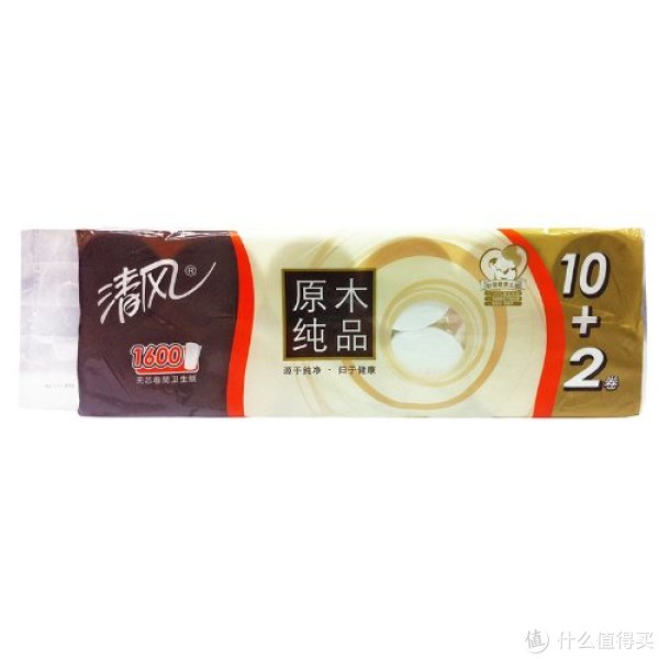 清风 原木纯品 134g 12卷3层短卷 无芯卷纸*4提