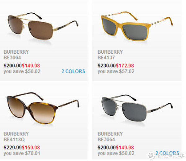 海淘券码:sunglass hut BURBERRY 太阳镜 均一价专场