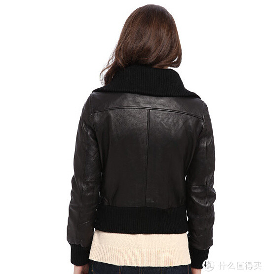 DKNY Leather Bomber Jacket w/ Knit Collar 女士短款真皮夹克