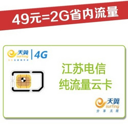 江苏苏州电信飞Young 4G纯流量云卡（激活到账100元，可免费使用2个月，4GB流量）