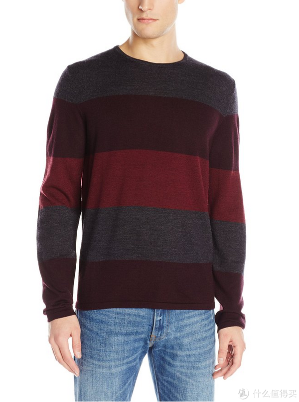限M码：Calvin Klein Merino Striped 男款羊毛圆领毛衣