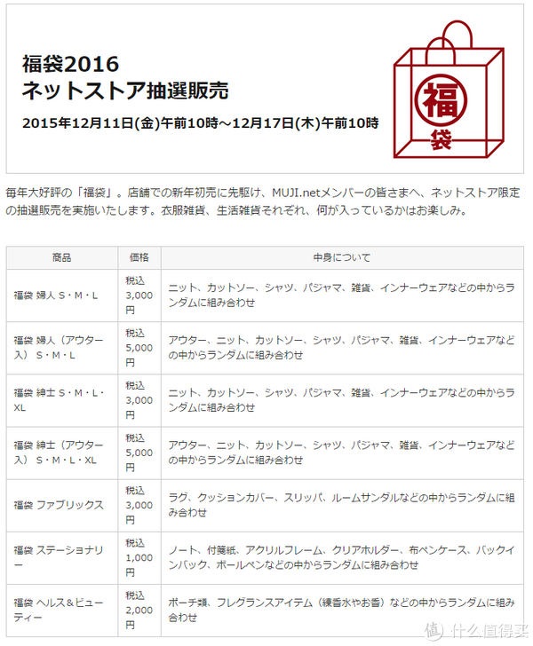 抽签预定：MUJI 无印良品 日本官网 2016 新年福袋 