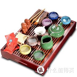甲馨 多彩冰裂釉茶具茶缘实木茶盘套装 19件套