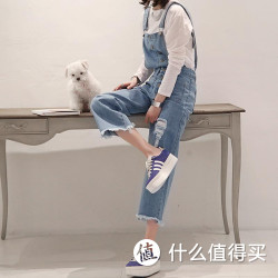 NANING9 韩版磨破背带牛仔裤
