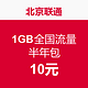 限北京：China unicom 中国联通 1GB全国流量 半年包