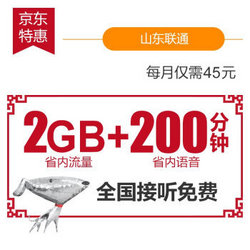 China unicom 山东联通 4G电话卡（内含200元话费，激活到账50元，月享2G省内流量，200分钟本地通话）