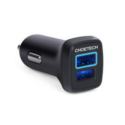 CHOETECH QC2.0快充车载充电器头点烟器式快速充电车充通用型双USB一拖二 QC2.0车充 30W 黑色