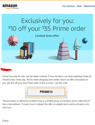 Prime Day 充值50$的小伙伴用优惠码 PRIME10可以额外满$35减$10