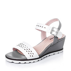 百丽旗下最高端品牌 Bata/拔佳2016夏季白/灰色羊皮坡跟女皮凉鞋65402BL6